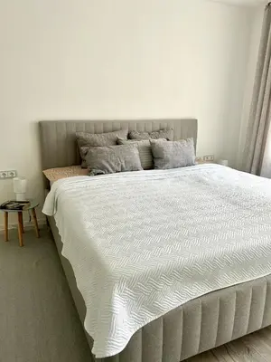 a bedroom with a large bed with a white comforter at Vivist apartments in Druskininkai