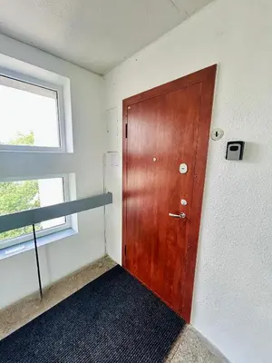 a wooden door in a room with a window at Vivist apartments in Druskininkai