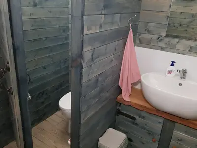 a bathroom with a sink and a toilet at Merkioaidas in Sližiūnai