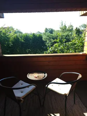 a patio with two chairs and a table and a window at Namelis Birštono mieste in Birštonas