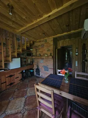 a dining room with a table and a fireplace at Namelis Birštono mieste in Birštonas