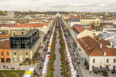 an aerial view of a city street with buildings at Studio on Laisves Aleja, Central Kaunas - Self Check In in Kaunas