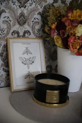 a candle and a picture next to a candle holder at Butterfly apartment in Šiauliai