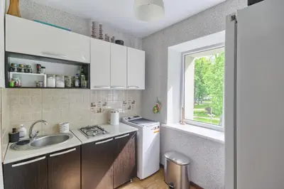 a small kitchen with a sink and a window at Apartamentai Vilniaus alėjoje in Druskininkai