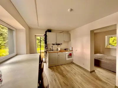 a kitchen with a sink and a counter top at Sodyba Mėnulio Slėnis in Padubysys