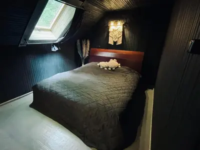 a bedroom with a bed in a dark room with a window at Sodyba Mėnulio Slėnis in Padubysys
