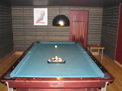 a pool table with a ball in a room at Sveciu Namai Giles in Alytus