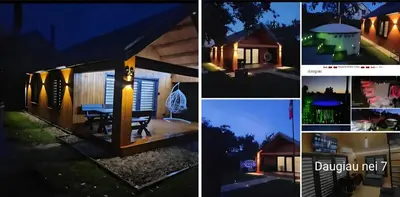 a collage of photos of a house at night at Naujai įrengtas atostogų namelis su kubilu ir pirtimi papildomai in Anykščiai
