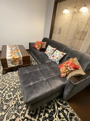 a living room with a gray couch with pillows at Apartamentai prie Kalnų parko in Vilnius