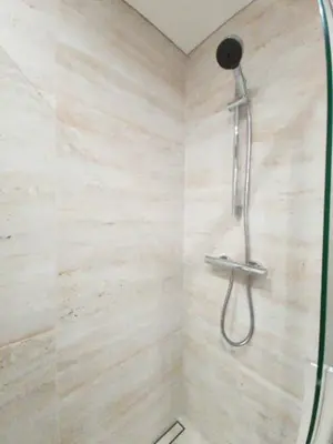 a shower with a shower head in a bathroom at Rossak apartment 1 in Panevėžys