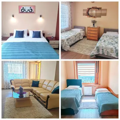 three pictures of a hotel room with a bed and a couch at Lyra cozy large apartment in Šiauliai