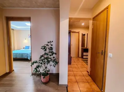 a hallway with a room with a bed and a potted plant at Lyra cozy large apartment in Šiauliai