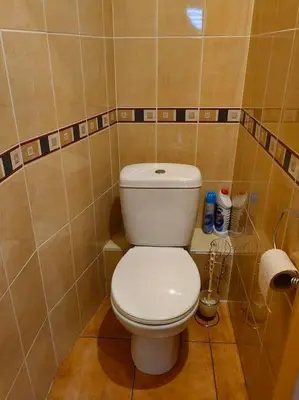 a bathroom with a white toilet in a room at Lyra cozy large apartment in Šiauliai