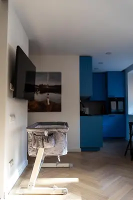 a living room with a bed and blue cabinets at SongInn Lake Apartment in Zarasai