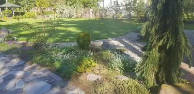 a garden with two trees and flowers in a yard at Jaukūs namai Kulautuvoje in Kulautuva