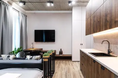 a kitchen and living room with a couch and a tv at Renaissance Apartments by Reside Baltic in Vilnius