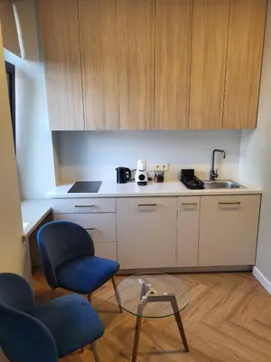 a small kitchen with two chairs and a sink at Greenhill Trio in Kaunas