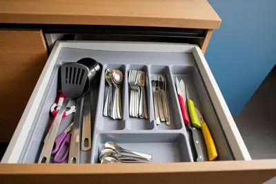 a drawer filled with utensils in a wooden cabinet at Cozy Family Apartments in Druskininkai