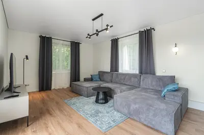 a living room with a couch and a tv at Central Park Apartments in Birštonas