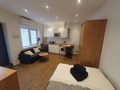 a living room with a bed and a kitchen at Urban Oasis Studios in Kaunas