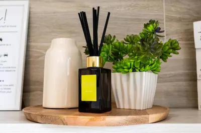 a bottle of essential oil next to a plant and a vase at Park's Edge apartment in Kaunas