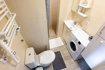 a bathroom with a toilet and a sink at Park's Edge apartment in Kaunas