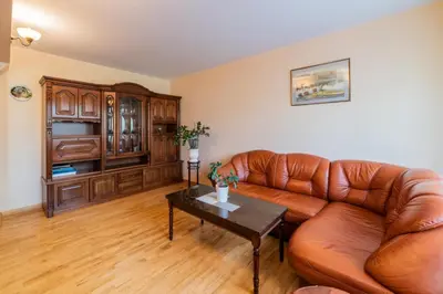 a living room with a leather couch and a table at Monic Apartments in Šiauliai