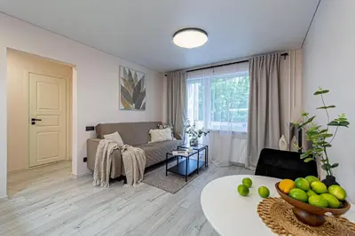 a living room with a couch and a table at Pailsėk Rasytės oazėje, Kaune in Kaunas