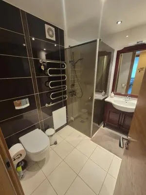 a bathroom with a shower and a toilet and a sink at Čiurlionis Apartment Druskininkai in Druskininkai