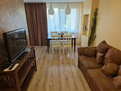 a living room with a couch and a table at Čiurlionis Apartment Druskininkai in Druskininkai