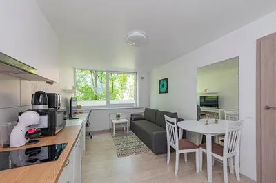 a kitchen and living room with a couch and a table at Partizanų studio apartment #2 by Polo Apartments in Kaunas