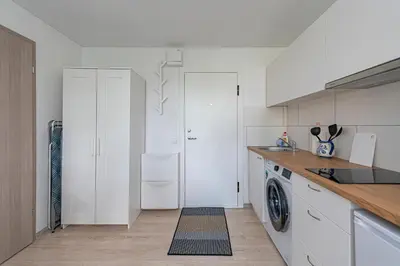 a kitchen with white cabinets and a washer and dryer at Partizanų studio apartment #2 by Polo Apartments in Kaunas