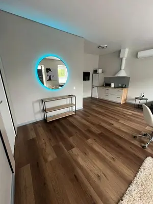 a living room with a hardwood floor and a circular window at Patrick in Šveicarija