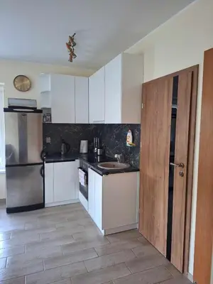 a kitchen with white cabinets and a stainless steel refrigerator at Rent Olamit in Karkazai