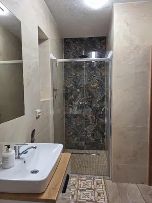 a bathroom with a shower and a white sink at Rent Olamit in Karkazai
