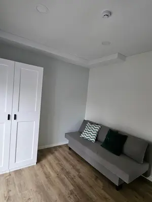 a living room with a couch and a white wall at Milda's apartment Kaunas in Kaunas