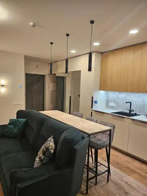 a living room with a couch and a table at Milda's apartment Kaunas in Kaunas