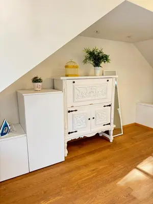 a white dresser with two potted plants on top at Heart of Vilnius in Vilnius