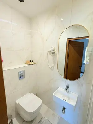 a bathroom with a toilet and a sink and a mirror at Vėjukai in Viduklė