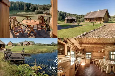 a collage of pictures of a log cabin at Šnekučių kaimas in Miežonys