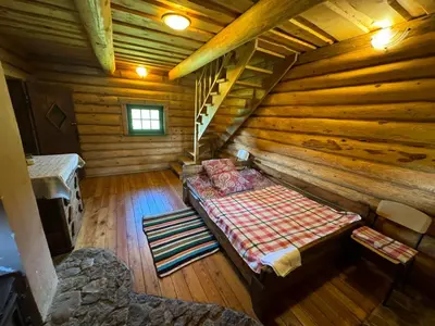 an attic room with a bed in a log cabin at Šnekučių kaimas in Miežonys