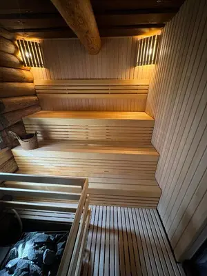 a wooden sauna with a bed in it at Šnekučių kaimas in Miežonys