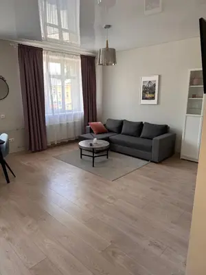 a living room with a couch and a table at Studio flat Centrinis Butukas in Kėdainiai
