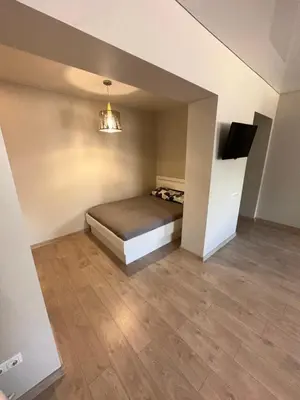 a room with a bed and a tv in it at Studio flat Centrinis Butukas in Kėdainiai