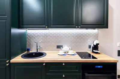 a kitchen counter with a sink and green cabinets at One-Bedroom Traku Street Apartment by Reside Baltic in Vilnius