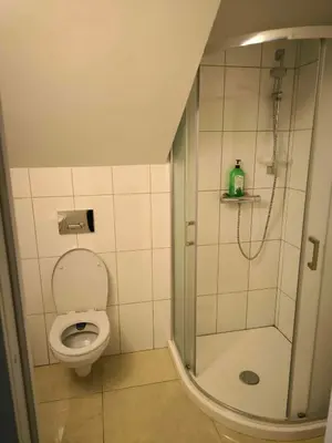 a small bathroom with a shower and a toilet at Elpo House in Neveronys