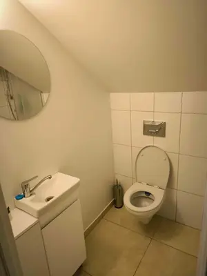 a bathroom with a toilet and a sink and a mirror at Elpo House in Neveronys