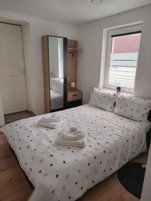 a bedroom with a large bed with two dishes on it at Jolantos svečių namai in Rokiškis