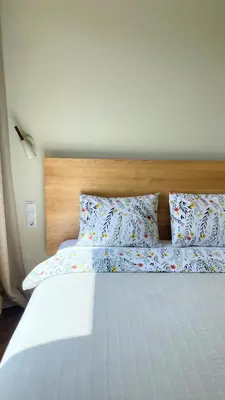 a bed with two pillows on it in a bedroom at Floral Sunshine Apartment in Vilnius