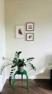 a plant sitting on a green stool in a room at Floral Sunshine Apartment in Vilnius